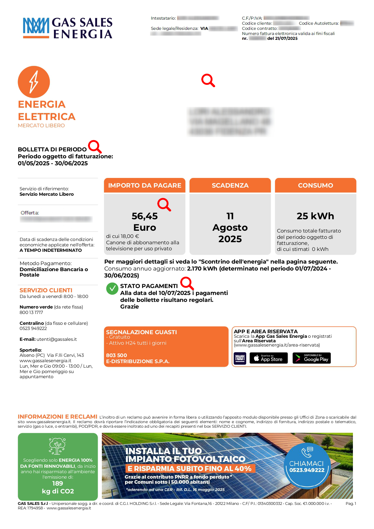 Guida alla lettura della bolletta 3.0 pagina luce 1